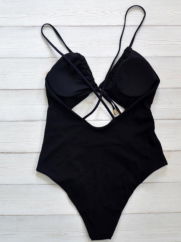 Strap Tie Front Hollow Triangle One-piece Swimsuit - Swimsuits - INS | Online Fashion Free Shipping Clothing, Dresses, Tops, Shoes - 06/04/2021 - Bandage - Black