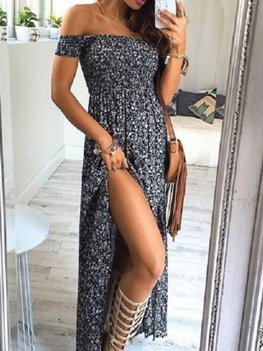 Strapless Short Sleeve Slit Long Dresses - Maxi Dresses - INS | Online Fashion Free Shipping Clothing, Dresses, Tops, Shoes - 10-20 - 17/06/2021 - color-blue