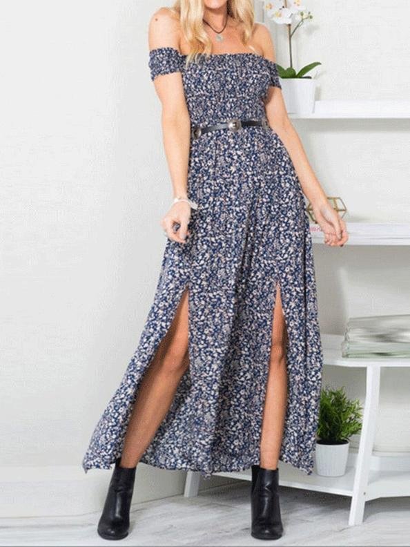 Strapless Short Sleeve Slit Long Dresses - Maxi Dresses - INS | Online Fashion Free Shipping Clothing, Dresses, Tops, Shoes - 10-20 - 17/06/2021 - color-blue