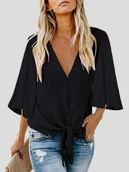 Street Hipster Bow Shirt Solid V Neck Flared Sleeve Blouse - Blouses - INS | Online Fashion Free Shipping Clothing, Dresses, Tops, Shoes - 10-20 - 27/07/2021 - BLO2107271277