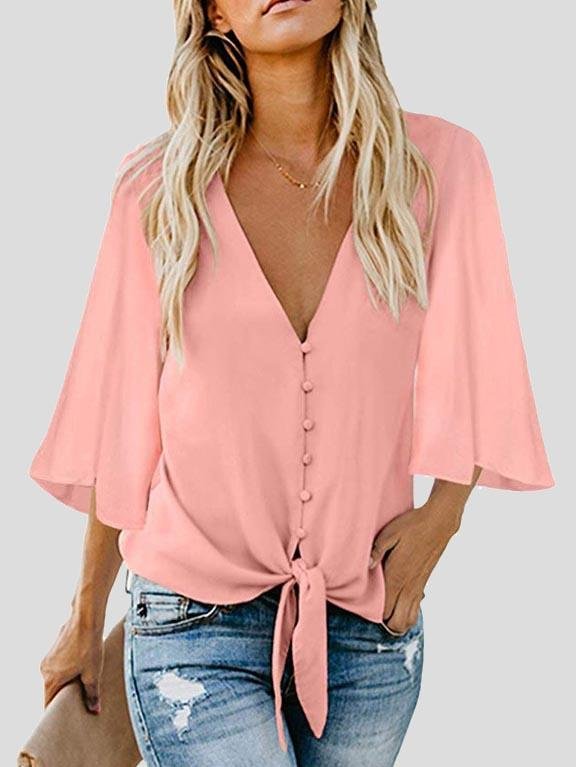 Street Hipster Bow Shirt Solid V Neck Flared Sleeve Blouse - Blouses - INS | Online Fashion Free Shipping Clothing, Dresses, Tops, Shoes - 10-20 - 27/07/2021 - BLO2107271277