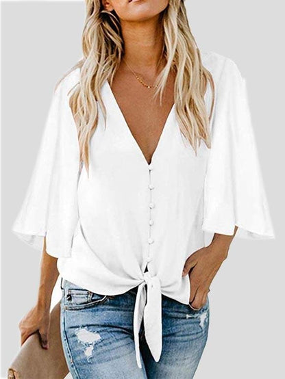 Street Hipster Bow Shirt Solid V Neck Flared Sleeve Blouse - Blouses - INS | Online Fashion Free Shipping Clothing, Dresses, Tops, Shoes - 10-20 - 27/07/2021 - BLO2107271277