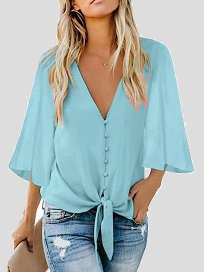 Street Hipster Bow Shirt Solid V Neck Flared Sleeve Blouse - Blouses - INS | Online Fashion Free Shipping Clothing, Dresses, Tops, Shoes - 10-20 - 27/07/2021 - BLO2107271277