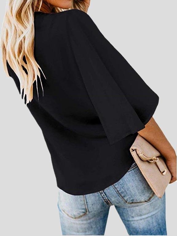 Street Hipster Bow Shirt Solid V Neck Flared Sleeve Blouse - Blouses - INS | Online Fashion Free Shipping Clothing, Dresses, Tops, Shoes - 10-20 - 27/07/2021 - BLO2107271277