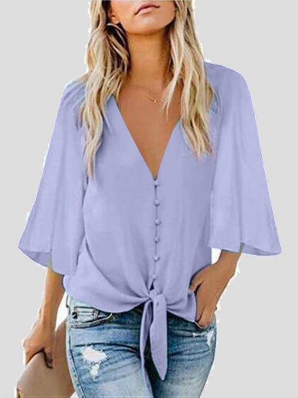 Street Hipster Bow Shirt Solid V Neck Flared Sleeve Blouse - Blouses - INS | Online Fashion Free Shipping Clothing, Dresses, Tops, Shoes - 10-20 - 27/07/2021 - BLO2107271277