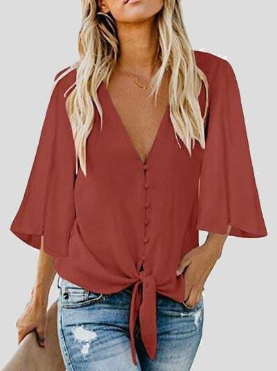 Street Hipster Bow Shirt Solid V Neck Flared Sleeve Blouse - Blouses - INS | Online Fashion Free Shipping Clothing, Dresses, Tops, Shoes - 10-20 - 27/07/2021 - BLO2107271277