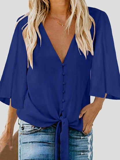 Street Hipster Bow Shirt Solid V Neck Flared Sleeve Blouse - Blouses - INS | Online Fashion Free Shipping Clothing, Dresses, Tops, Shoes - 10-20 - 27/07/2021 - BLO2107271277