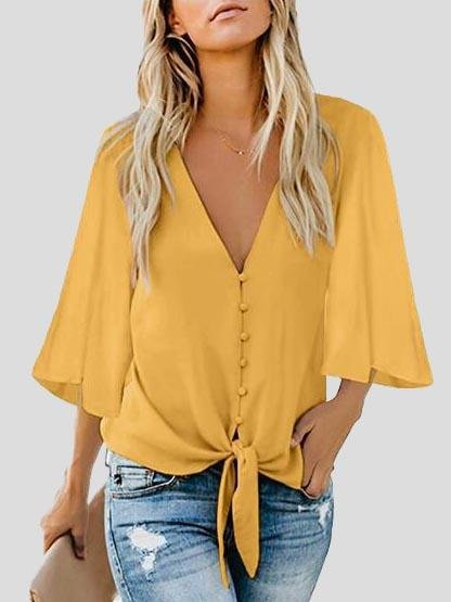 Street Hipster Bow Shirt Solid V Neck Flared Sleeve Blouse - Blouses - INS | Online Fashion Free Shipping Clothing, Dresses, Tops, Shoes - 10-20 - 27/07/2021 - BLO2107271277