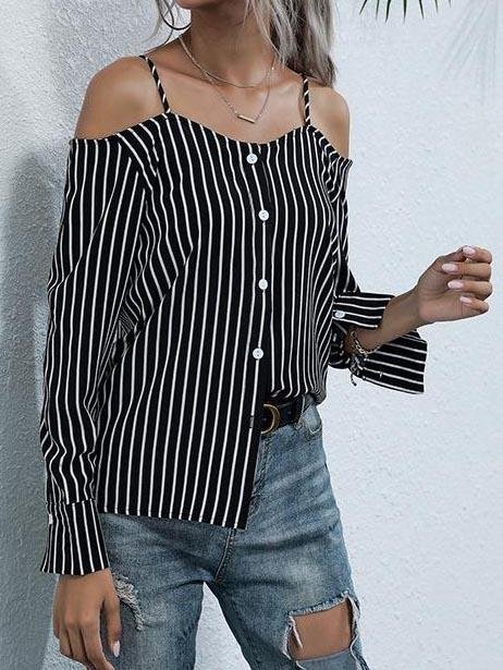 Stripe Chiffon Off-Shoulder Sling Shirt - Blouses - INS | Online Fashion Free Shipping Clothing, Dresses, Tops, Shoes - 22/03/2021 - AMZ - Autumn