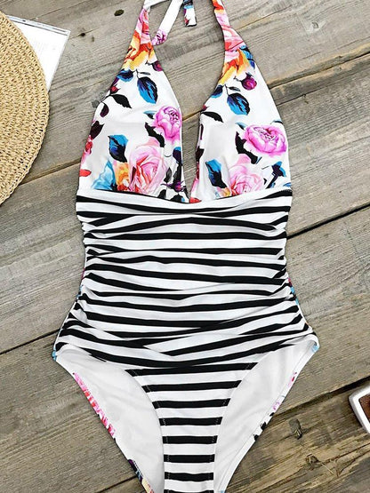 Stripe Halter And Bold Floral One Piece Swimsuit - Swimsuits - INS | Online Fashion Free Shipping Clothing, Dresses, Tops, Shoes - 09/04/2021 - Colour_Multicolor - Floral