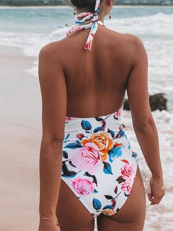 Stripe Halter And Bold Floral One Piece Swimsuit - Swimsuits - INS | Online Fashion Free Shipping Clothing, Dresses, Tops, Shoes - 09/04/2021 - Colour_Multicolor - Floral