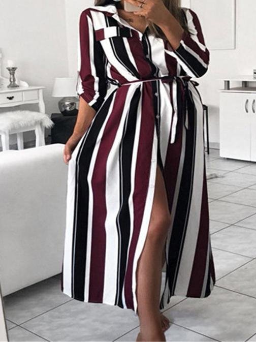 Striped Button Belt Long Sleeve Shirt Dress - Maxi Dresses - INS | Online Fashion Free Shipping Clothing, Dresses, Tops, Shoes - 03/07/2021 - 20-30 - Category_Maxi Dresses