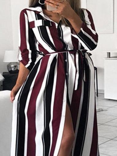 Striped Button Belt Long Sleeve Shirt Dress - Maxi Dresses - INS | Online Fashion Free Shipping Clothing, Dresses, Tops, Shoes - 03/07/2021 - 20-30 - Category_Maxi Dresses