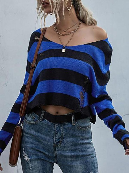 Striped Distressed Drop Shoulder Crop Sweater - Sweaters - INS | Online Fashion Free Shipping Clothing, Dresses, Tops, Shoes - 02/08/2021 - Autumn - Blue
