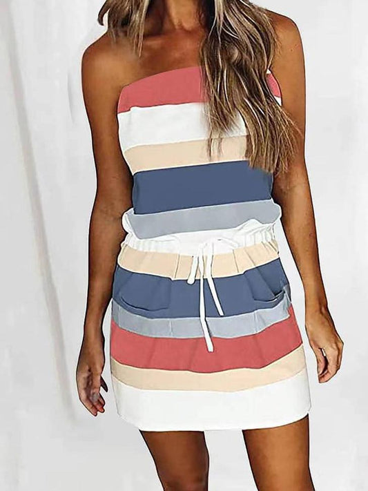 Striped Drawstring Sleeveless Pocket Wrap Dress - Mini Dresses - INS | Online Fashion Free Shipping Clothing, Dresses, Tops, Shoes - 20-30 - 28/06/2021 - Category_Mini Dresses