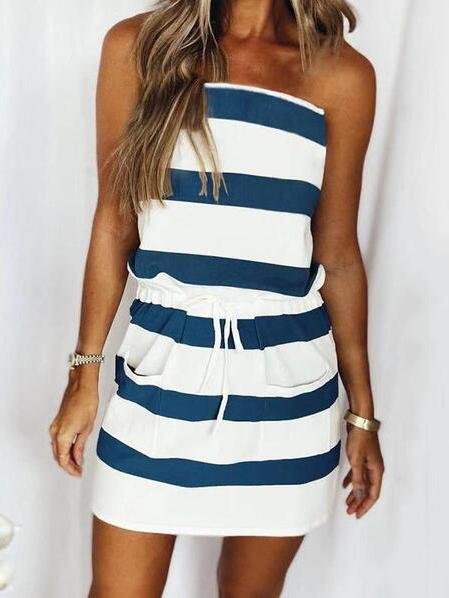 Striped Drawstring Sleeveless Pocket Wrap Dress - Mini Dresses - INS | Online Fashion Free Shipping Clothing, Dresses, Tops, Shoes - 20-30 - 28/06/2021 - Category_Mini Dresses