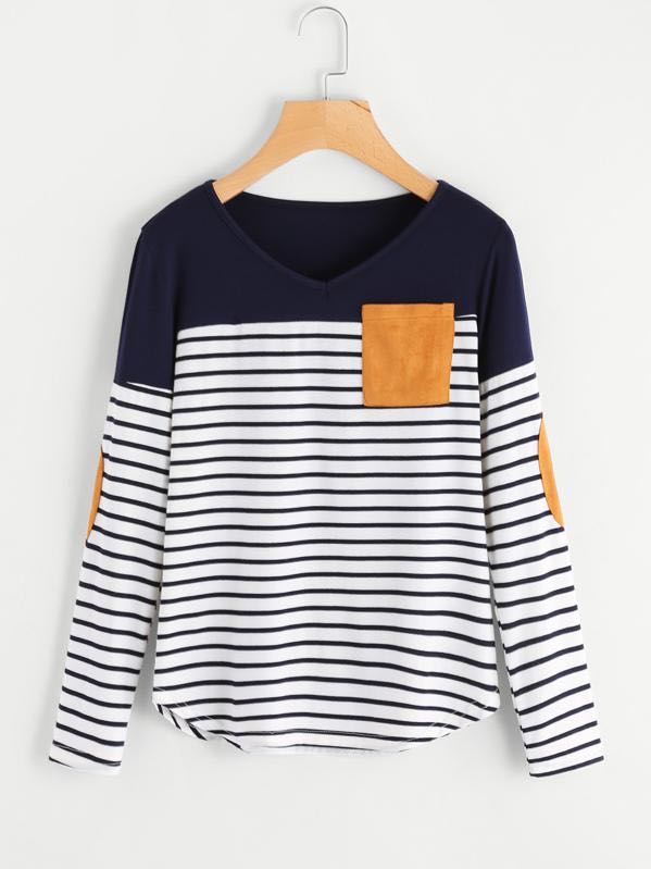 Striped Elbow Patch Curved Hem T-shirt - INS | Online Fashion Free Shipping Clothing, Dresses, Tops, Shoes