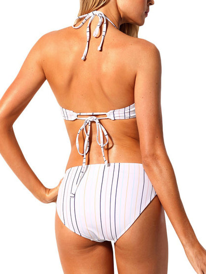 Striped Halterneck Detachable Low Waist Triangle Split Swimsuit