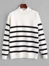 Striped High Neck Drop Shoulder Sweater - INS | Online Fashion Free Shipping Clothing, Dresses, Tops, Shoes