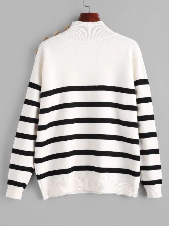 Striped High Neck Drop Shoulder Sweater - INS | Online Fashion Free Shipping Clothing, Dresses, Tops, Shoes