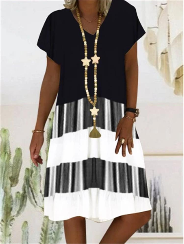 Striped Keyboard Print Short Sleeve V-neck Dress - Mini Dresses - INS | Online Fashion Free Shipping Clothing, Dresses, Tops, Shoes - 07/07/2021 - 20-30 - color-black