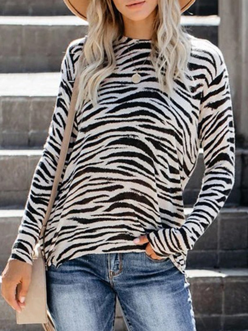Striped Leopard Crew Neck Long-sleeved T-shirt - T-shirts - INS | Online Fashion Free Shipping Clothing, Dresses, Tops, Shoes - 20-30 - 22/06/2021 - color-black