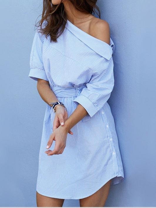 Striped Oblique Shoulder Shirt Dress With Belt - Mini Dresses - INS | Online Fashion Free Shipping Clothing, Dresses, Tops, Shoes - 31/05/2021 - Color_Blue - DRE2105311117