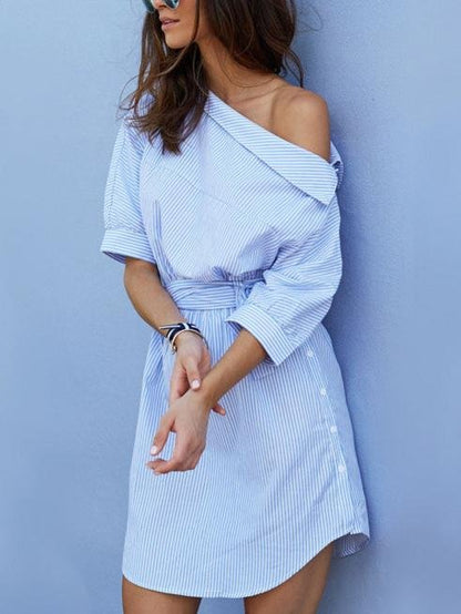 Striped Oblique Shoulder Shirt Dress With Belt - Mini Dresses - INS | Online Fashion Free Shipping Clothing, Dresses, Tops, Shoes - 31/05/2021 - Color_Blue - DRE2105311117