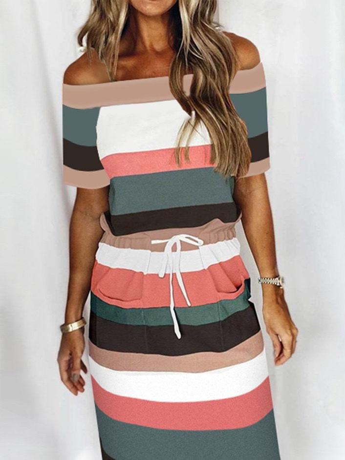 Striped One-shoulder Drawstring Dress - Maxi Dresses - INS | Online Fashion Free Shipping Clothing, Dresses, Tops, Shoes - 20-30 - color-multi - color-multicolor