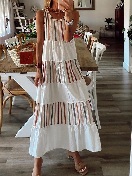 Striped Print Contrast Color Sleeveless Dress - Maxi Dresses - INS | Online Fashion Free Shipping Clothing, Dresses, Tops, Shoes - 24/05/2021 - Category_Maxi Dresses - Color_White
