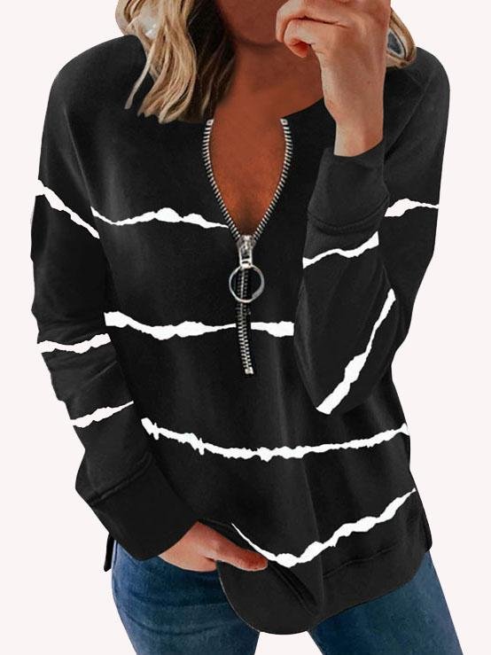 Striped Print Long Sleeve Zip Sweatshirt - T-shirts - INS | Online Fashion Free Shipping Clothing, Dresses, Tops, Shoes - 20-30 - 21/07/2021 - color-black
