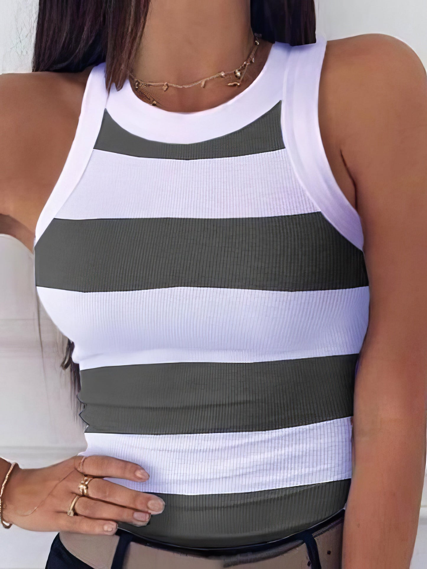 Tank Tops - Striped Print Round Neck Casual Tank Top - MsDressly