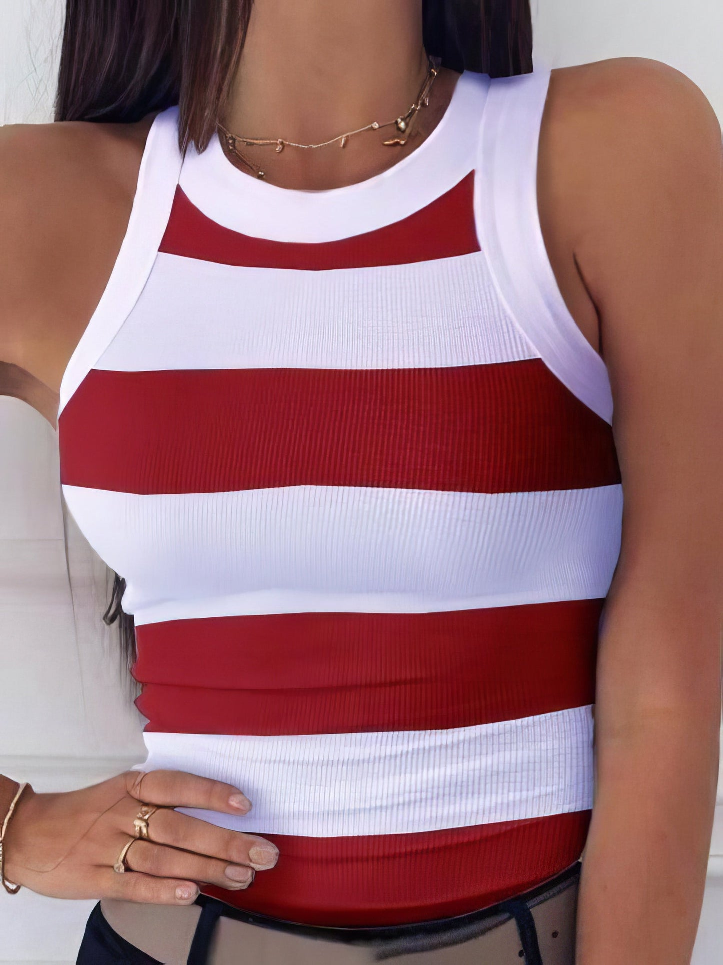 Tank Tops - Striped Print Round Neck Casual Tank Top - MsDressly