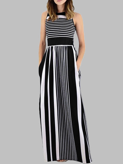 Striped Print Sleeveless Round Neck Dress - Maxi Dresses - INS | Online Fashion Free Shipping Clothing, Dresses, Tops, Shoes - 06/07/2021 - 20-30 - color-black