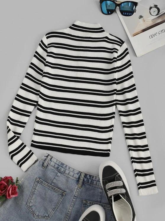 Striped Ribbed Half Zip Jumper Sweater - INS | Online Fashion Free Shipping Clothing, Dresses, Tops, Shoes