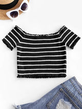 Striped Ribbed Lettuce Off Shoulder Tee - INS | Online Fashion Free Shipping Clothing, Dresses, Tops, Shoes