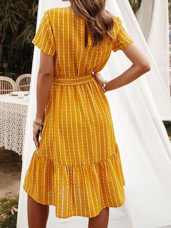 Striped Ruffle Hem Belted Dress - Midi Dresses - INS | Online Fashion Free Shipping Clothing, Dresses, Tops, Shoes - 01/30/2021 - 30/01/2021 - Blue