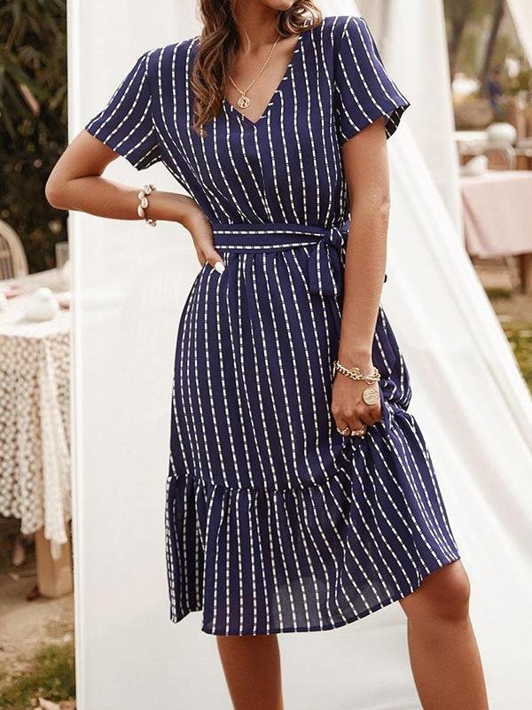 Striped Ruffle Hem Belted Dress - Midi Dresses - INS | Online Fashion Free Shipping Clothing, Dresses, Tops, Shoes - 01/30/2021 - 30/01/2021 - Blue