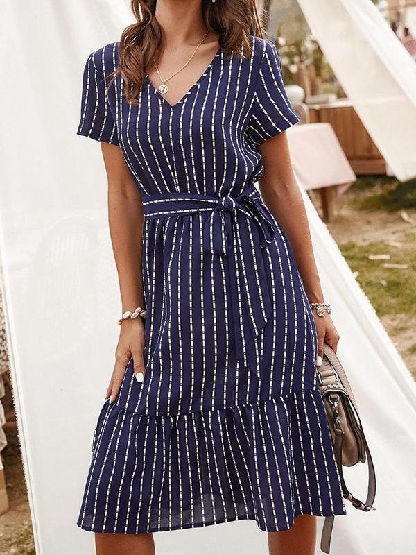 Striped Ruffle Hem Belted Dress - Midi Dresses - INS | Online Fashion Free Shipping Clothing, Dresses, Tops, Shoes - 01/30/2021 - 30/01/2021 - Blue
