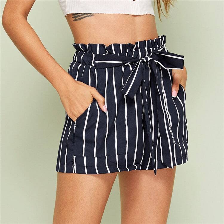 Striped Self-Tie Paperbag Shorts - INS | Online Fashion Free Shipping Clothing, Dresses, Tops, Shoes