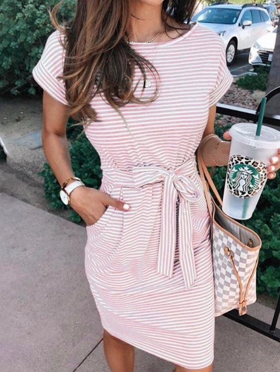 Striped Short Sleeve Casual Dress - Mini Dresses - INS | Online Fashion Free Shipping Clothing, Dresses, Tops, Shoes - 01/07/2021 - 20-30 - color-army-green