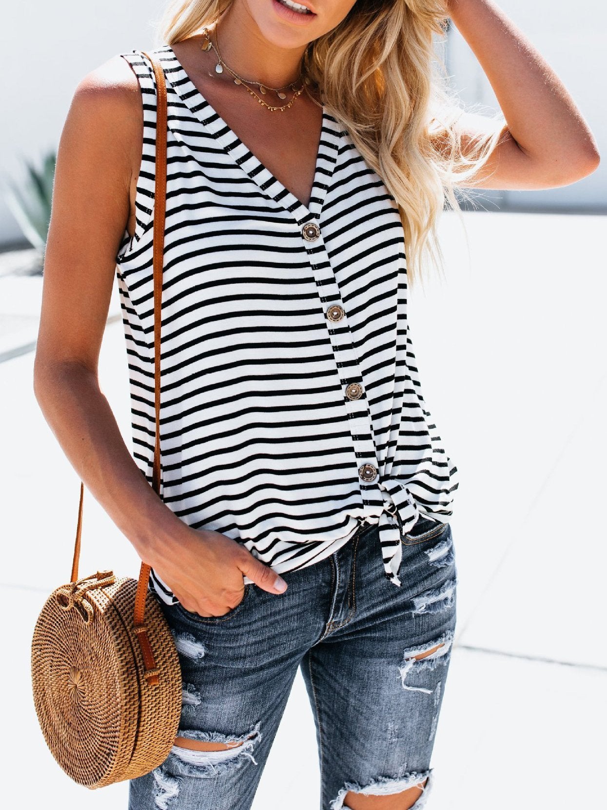 Striped Sleeveless V Neck Tank Top - Tank Tops - INS | Online Fashion Free Shipping Clothing, Dresses, Tops, Shoes - 10-20 - 19/06/2021 - color-white