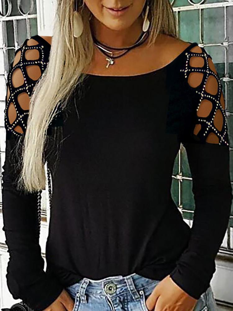 Studded Cutout Long Sleeve Casual Top - T-Shirts - INS | Online Fashion Free Shipping Clothing, Dresses, Tops, Shoes - 27/04/2021 - Color_Black - Season_Summer