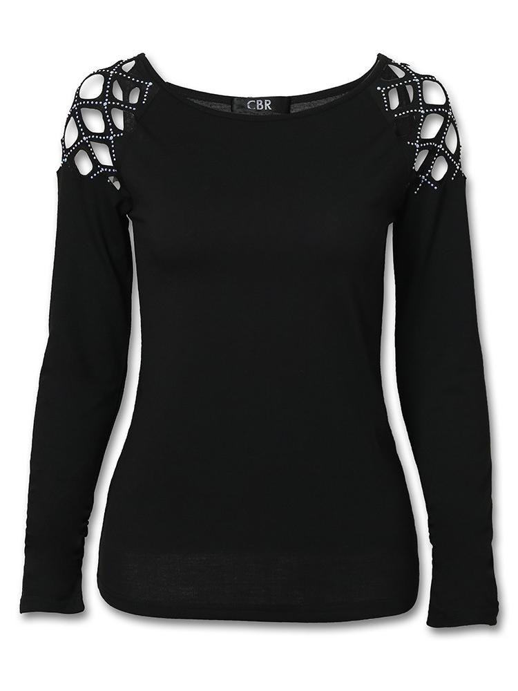 Studded Cutout Long Sleeve Casual Top - T-Shirts - INS | Online Fashion Free Shipping Clothing, Dresses, Tops, Shoes - 27/04/2021 - Color_Black - Season_Summer