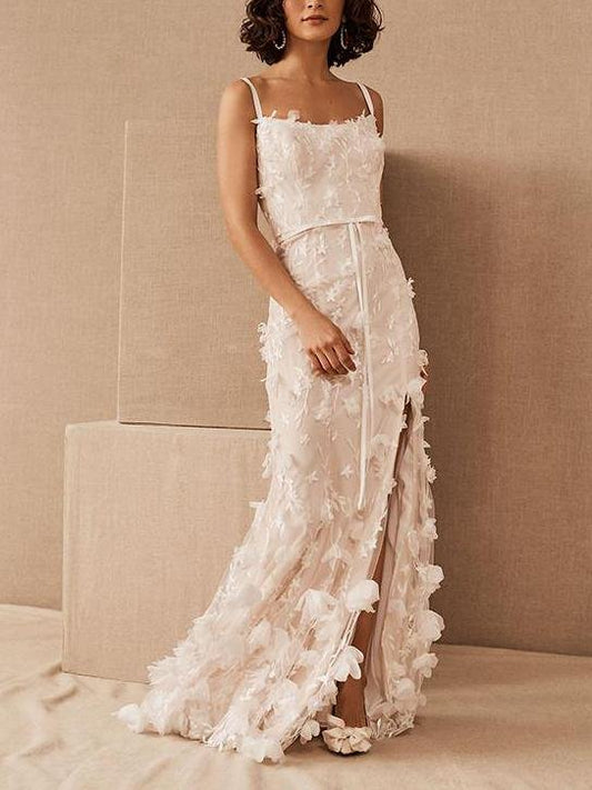Stunning Suspender Three-dimensional Flower Gown - Maxi Dresses - INS | Online Fashion Free Shipping Clothing, Dresses, Tops, Shoes - 14/04/2021 - chiffon-dress - Colour_Ivory