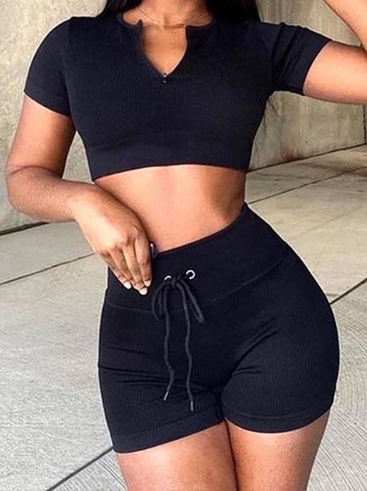 Summer Casual Solid Drawstring Two-piece Outfits - Two-piece Outfits - INS | Online Fashion Free Shipping Clothing, Dresses, Tops, Shoes - 17/05/2021 - Color_Black - Color_White