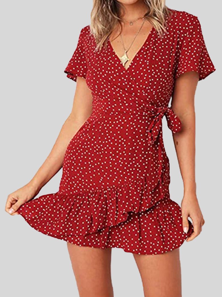 Summer Casual V Neck Print Ruffle Dress - Mini Dresses - INS | Online Fashion Free Shipping Clothing, Dresses, Tops, Shoes - 19/06/2021 - 20-30 - color-black