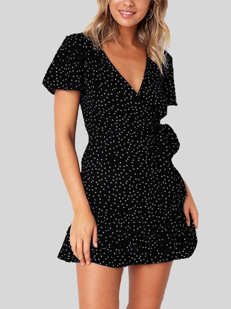 Summer Casual V Neck Print Ruffle Dress - Mini Dresses - INS | Online Fashion Free Shipping Clothing, Dresses, Tops, Shoes - 19/06/2021 - 20-30 - color-black