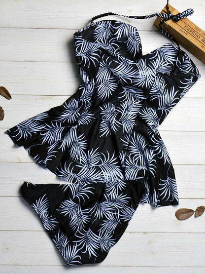 Summer Leaf Pattern Printed Two Piece Swimsuit Dress - Swimsuits - INS | Online Fashion Free Shipping Clothing, Dresses, Tops, Shoes - 06/04/2021 - Beach - Black