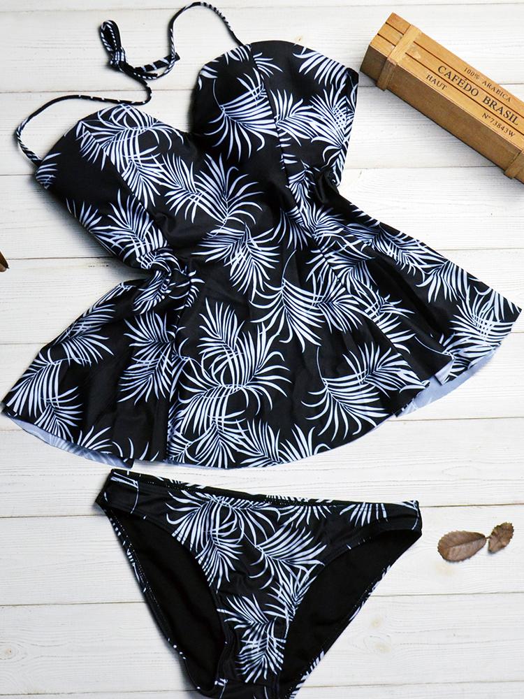 Summer Leaf Pattern Printed Two Piece Swimsuit Dress - Swimsuits - INS | Online Fashion Free Shipping Clothing, Dresses, Tops, Shoes - 06/04/2021 - Beach - Black